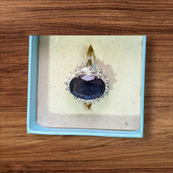 Avon RJ 125 Silver Plated Simulated Blue Sapphire & Cubic Zirconia Ring Size 9 - Picture 1 of 9